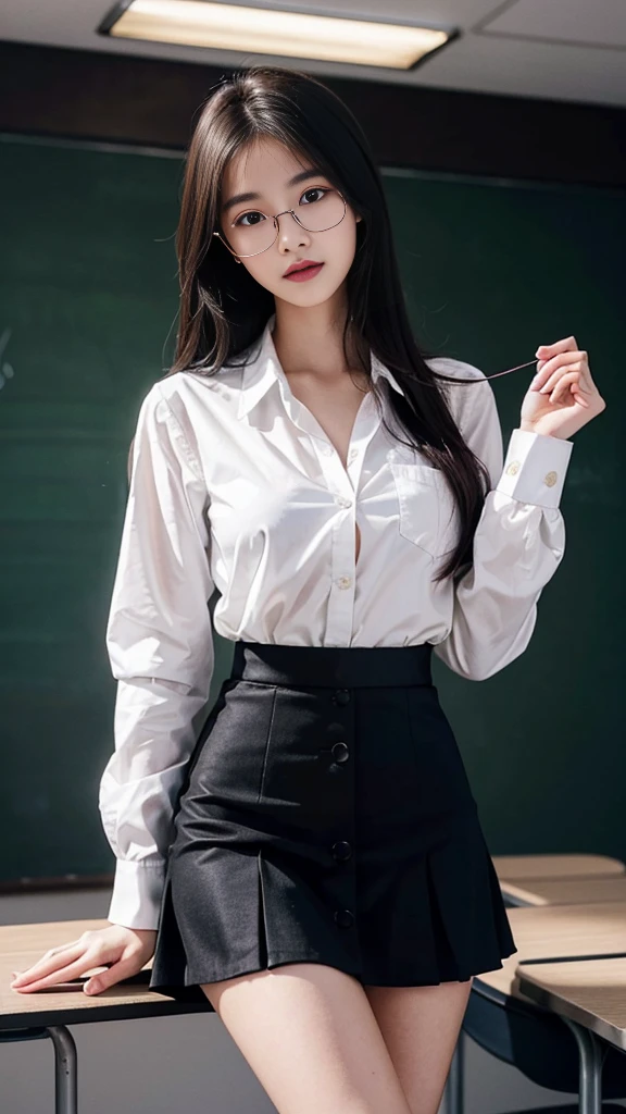 top Quority,Ultra-clear resolution, Korean 18 years old. seductive, Charming, voluptuous figure, Thin, slender. skinny, Chest reduction, Clear eyes, innocent face, is a perfect face, gentle smile, White skin, Perfect chest, Long legs(( Wearing glasses. Teacher clothes. Button-up shirt. Long sleeve. With black Jaz.Black skirt)) No cleavage. Seductive pose. In the classroom. In front of the board.