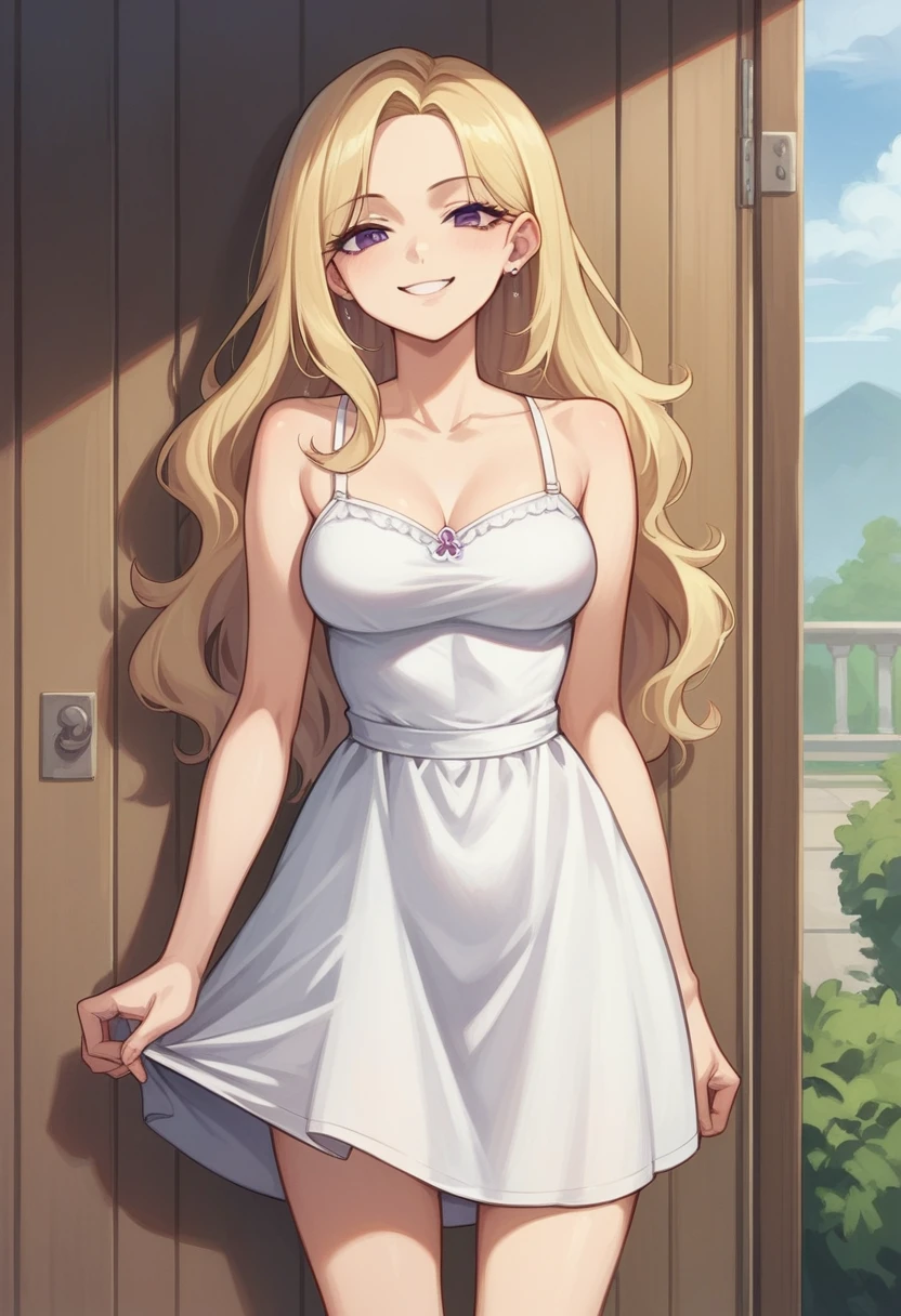 best quality, masterpiece, super high resolution, perfect anatomy, 1girl, blonde hair, long hair,  hair_behind_ear, parted_bangs, single sidelock,   purple eyes, medium breasts, teenage, b:86cm, W:55cm, H:83cm, absurdes, sundress, smug