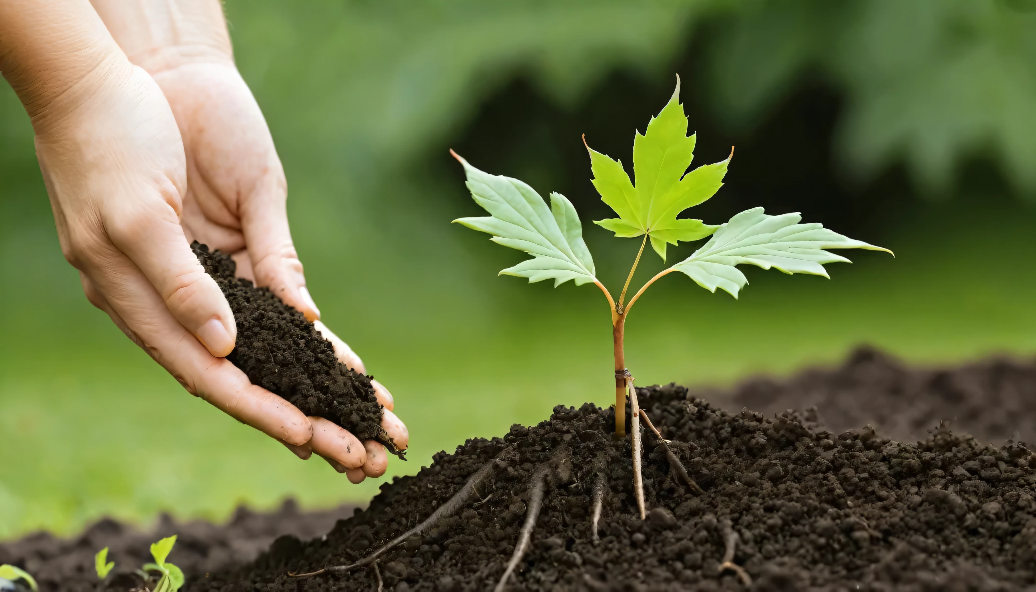 A human hand is lifting a maple tree seedling with soil attached to its roots