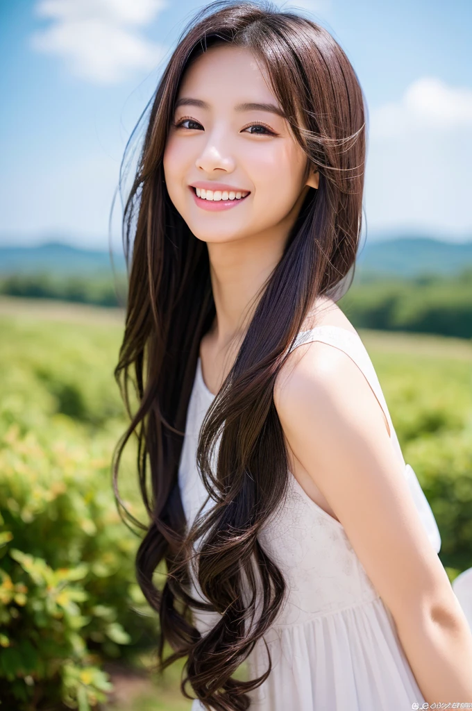 8K Super Resolution、Beauty、One Lady、Dark Brown Hair:1.1、Ultra-detailed face、Detailed lips、important、(Eyes meet)、double eyelid、Princess Eyes、 Beautiful Japanese Woman、Beautiful Japanese Woman、 Sensual lips、Bewitching body、Bust size 82、8 Life-size、Standing in a provocative pose facing forward with a well-balanced, natural body、Girlfriend in her 20s、(28 years old)、far and near method、Smiling with a nice smile、 wearing white one piece dress、Hair blowing in the wind、Clear images、The sparkle of tiny eyes、Fine autumn leaves dyed red、color々Hair style、