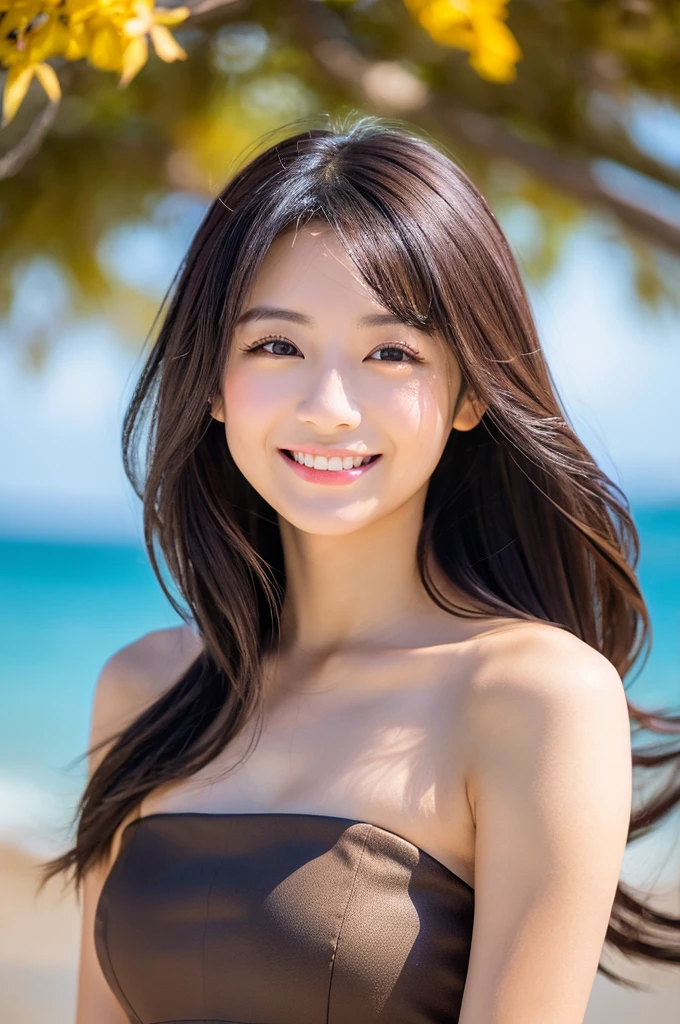 Image resolution 8K、masterpiece:1.3)、Beauty、1 female、(魅力的なBody Type:1.2)、abdomen:1.1、Dark brown hairstyle:1.1、(Body Type:1.2)、Ultra-detailed face、Attractive lips、double eyelid、Wearing a black one-piece dress、Super realistic and super cute in every detail、Japanese、Japanese女性、20th generation(28 years old)、Smile with a beautiful smile、Hair blowing in the wind、color々Hair style、