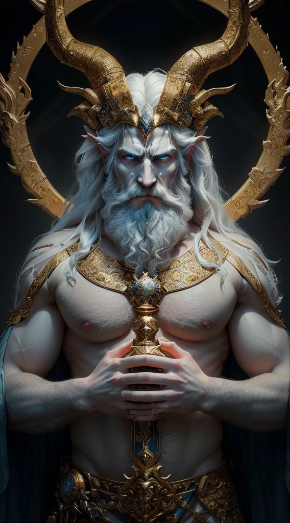 a close up of a man, biggest dick, , Very hairybody, weetbody, with a horned head and a beard, fit male demon with white horns, male god svarog portrait, horned god, beautiful male god of death, ancient god, norse god, the god poseidon, portrait of albino mystic, hyperdetailed fantasy character, the god emperor of mankind, the god hades, portrait of emperor of mankind