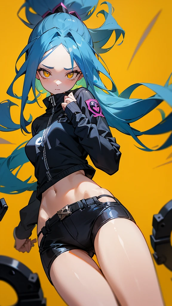 A girl, blue hair, yellow eyes, long hair, forehead, punk-girl (grs-), gun to head, {heart shaped pupils},From below, above the thighs, Empire