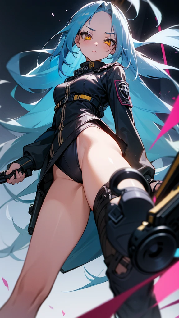 A girl, blue hair, yellow eyes, long hair, forehead, punk-girl (grs-), gun to head, {heart shaped pupils},From below, above the thighs, Empire