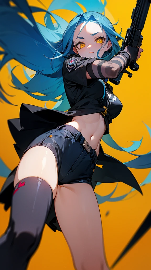 A girl, blue hair, yellow eyes, long hair, forehead, punk-girl (grs-), gun to head, {heart shaped pupils},From below, above the thighs, Empire