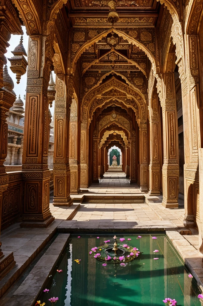 Picture a sprawling Hindu palace complex, its architecture a blend of intricate carvings, majestic domes, and ornate courtyards. As you enter, you're greeted by a symphony of colors: vibrant murals depicting epic tales from ancient scriptures, delicate floral patterns cascading along corridors, and statues of deities adorned with jewels and silk. Each courtyard leads to sanctuaries dedicated to different gods, each adorned with offerings of flowers and incense, creating an atmosphere of sanctity and spiritual richness. The palace stands not just as a monument of architectural prowess but as a living testament to centuries of devotion and cultural heritage.