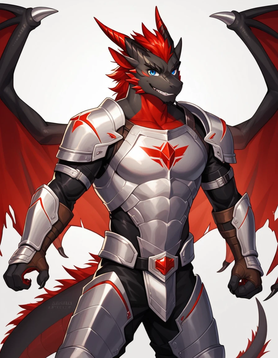 Solo, Score_9, score_8_up, score_7_up, source_cartoon, Anthro male, A black dragon, black dragon with red highlights on scales, black and red wings, blue eyes, standing, wearing knights armor, epic pose,