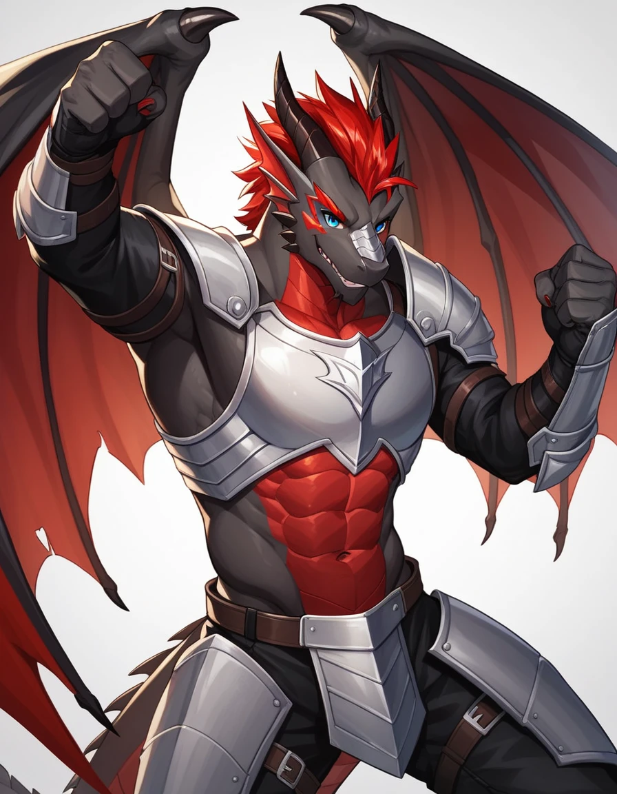 Solo, Score_9, score_8_up, score_7_up, source_cartoon, Anthro male, A black dragon, black dragon with red highlights on scales, black and red wings, blue eyes, standing, wearing knights armor, epic pose, 