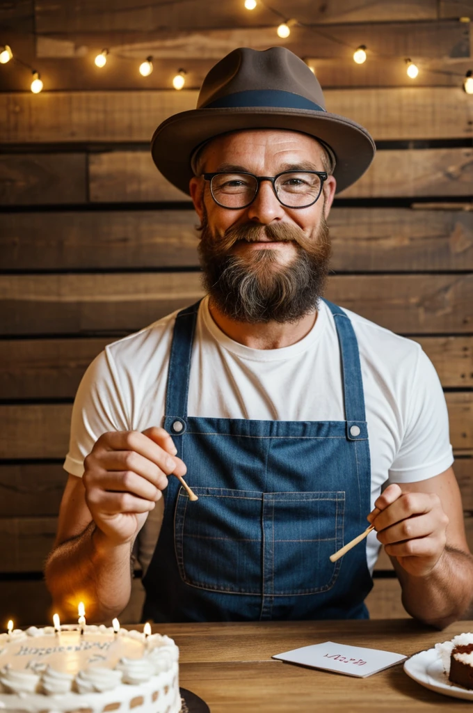 Make me a picture of a farmer, with hat, glasses and beard celebrating his birthday with a cake with candles with the number 34 and a sign that says happy birthday husband 