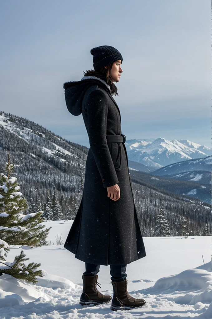 A character looking at the snowy and cold landscape seen from full body profile