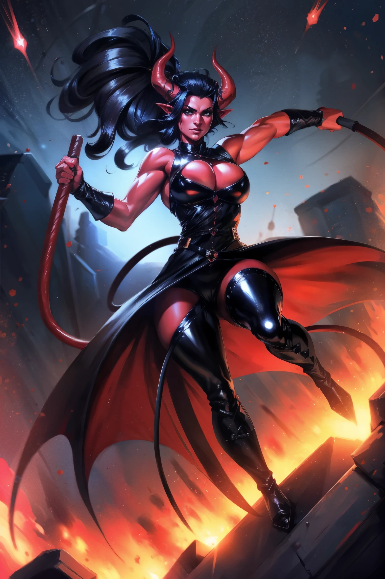 Red skin succubus tiefling, medium breasts, black horns, wings, huge tail, black leather, tall, toned, graceful, thin, long black ponytail. Action scene, whip. Dark scene, explosions, night sky.