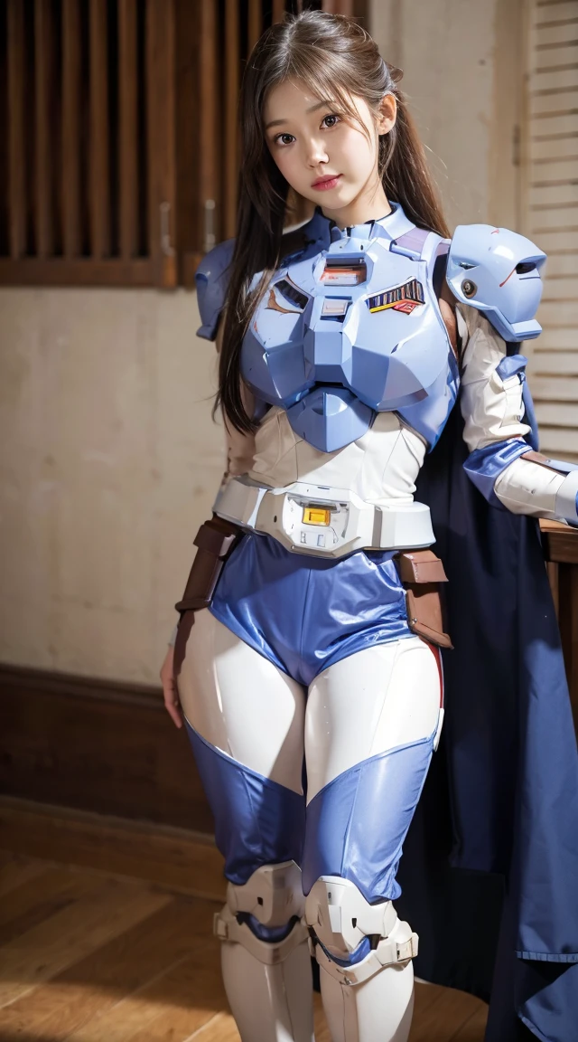 Beautiful young girl, ponytail hair, brown hair, beautiful eyes, beautiful face, raw photo, 8k, high detailed, (gundam), pale lips, white skin, textured skin, (beautiful cyborg woman), (pretty girl), mecha cyborg girl battle mode, girl with a mecha body, she wears a futuristic gundam mecha, full body shot