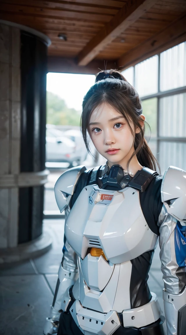 Beautiful young girl, ponytail hair, brown hair, beautiful eyes, beautiful face, raw photo, 8k, high detailed, (gundam), pale lips, white skin, textured skin, (beautiful cyborg woman), (pretty girl), mecha cyborg girl battle mode, girl with a mecha body, she wears a futuristic gundam mecha, full body shot