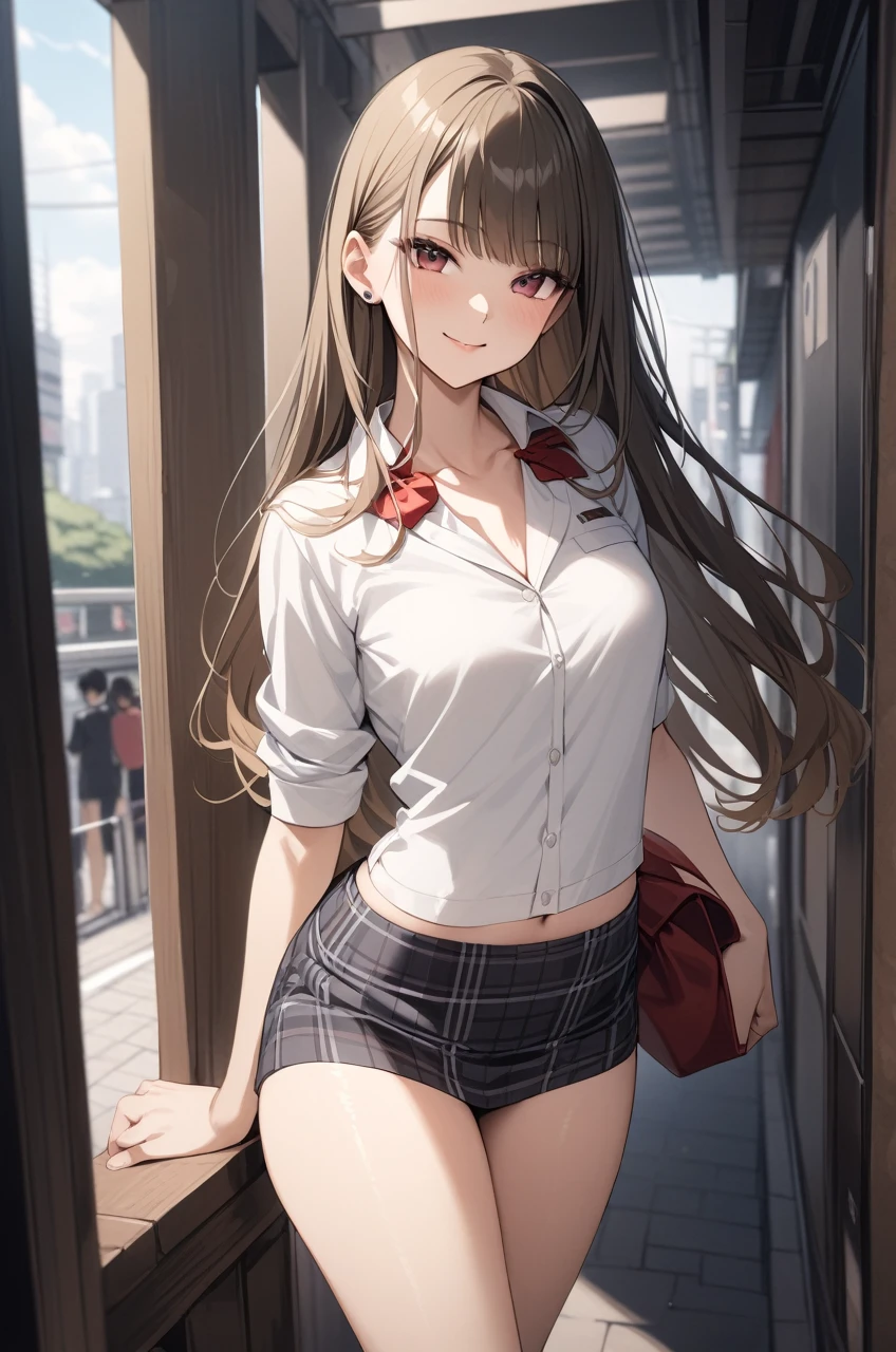 Beautiful sexy 1girl, blonde hair, (straight hair), bangs on one side, head tilt, (waist), plaid skirt, red bowtie, arms behind back, looking at viewer, happy smile, tokyo, outdoor, from above, 20 yo, (depth of field), masterpiece, best quality, wearing bikini, cleavalage:1.1, (illustlation)