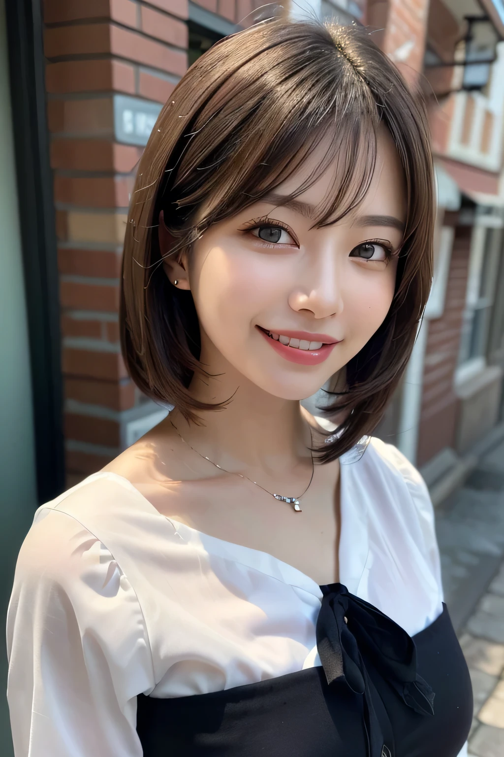 ((masterpiece)), ((Highest quality)), ((Complex)), ((Surreal)), (Realistic), (Mature Woman), ((There are no classes)), Very detailed, (1 female), Beautiful and exquisite, (Beautiful Teeth), Grin, Brunette Bob Hair, Brown eyes, ((blouse)), (Upper Body), (background:none), Perfect Eyes, Captivating eyes, Looking at the audience