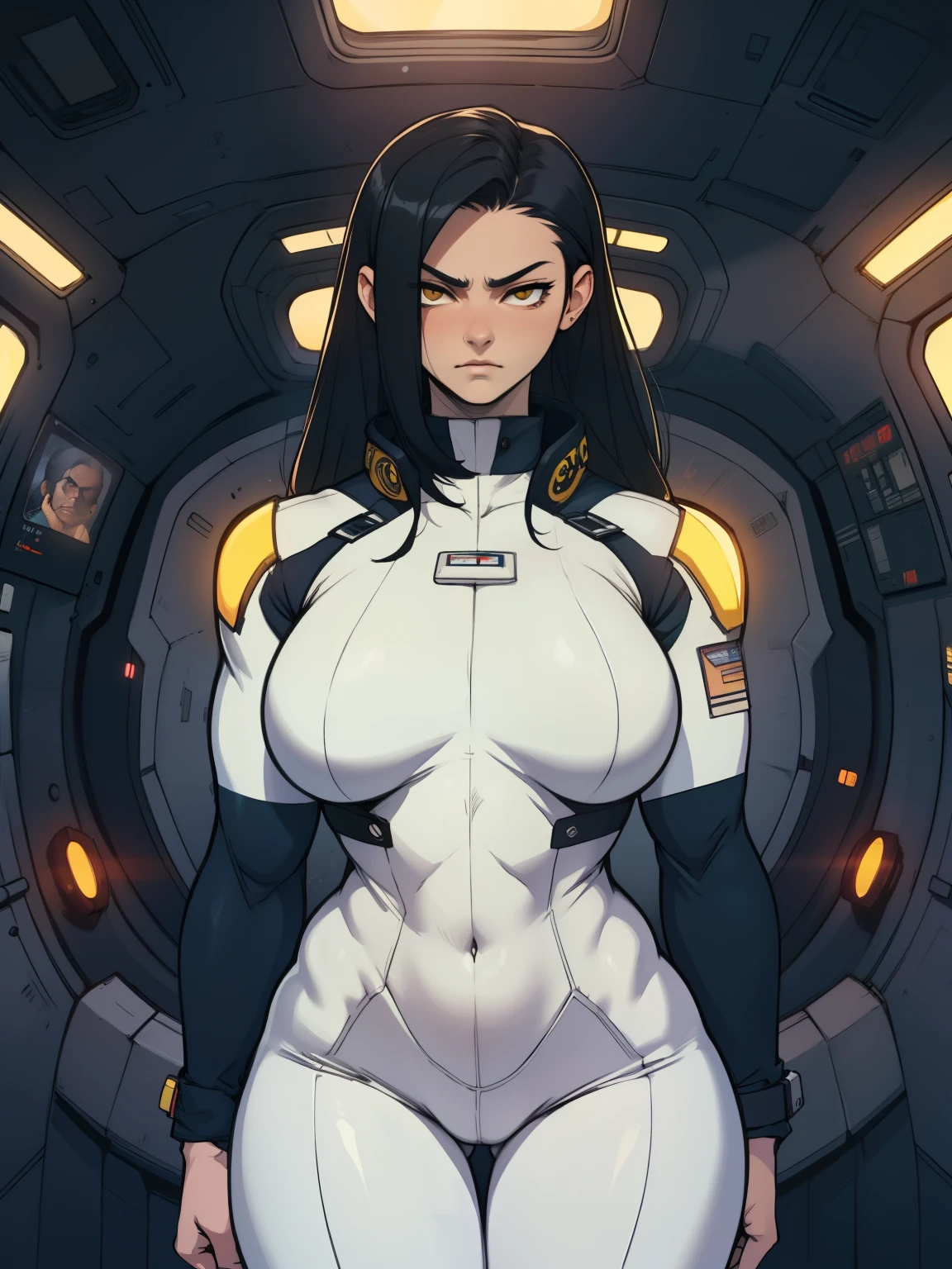 massive hair huge tits giant muscles expressionless sad girl black hair long hair yellow eyes pale skin extremely thick ((alien suit inside spaceship cockpit))