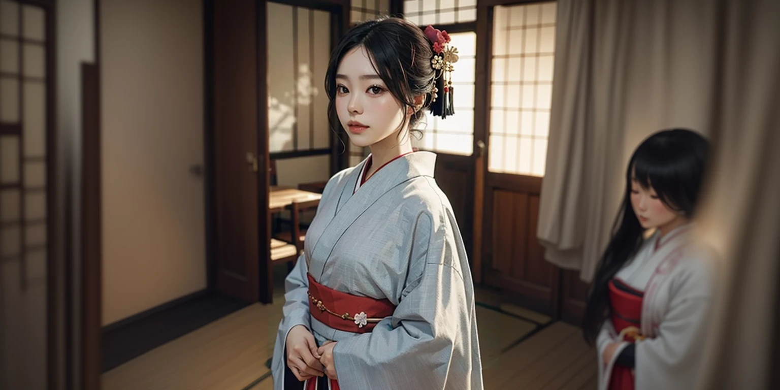 a close up of a woman in a kimono standing in a room, Hanfu, kimono, Traditional Japanese, Japanese style, Japanese Model, in kimono, elegant Japanese women, white Hanfu, Traditional beauty, kimono, palace ， a girl in Hanfu, Japanese style, japanese kimono, Japanese Goddess, Japanese women, wearing kimono, Traditional attire, One Woman