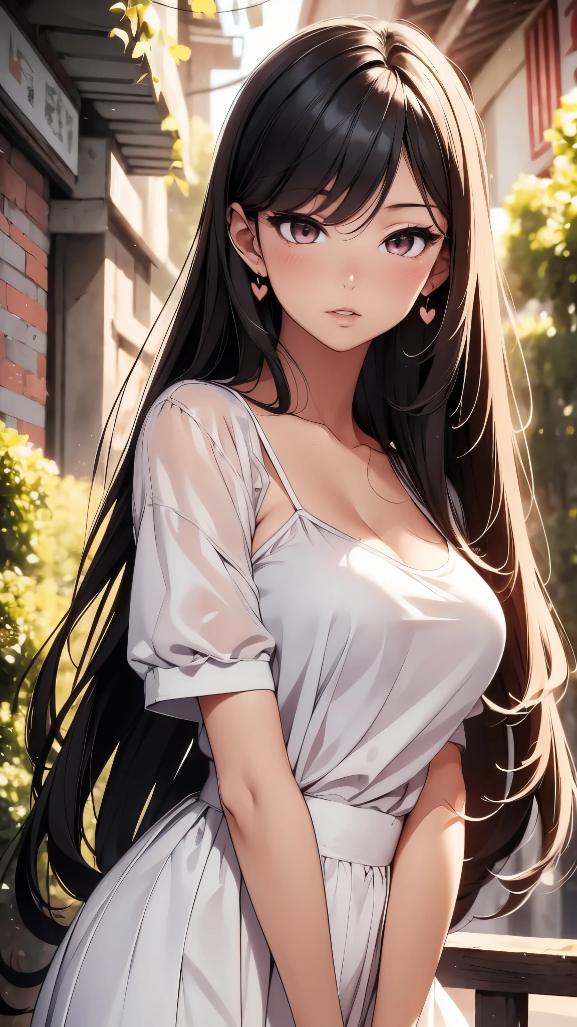 1 lady, Beautiful asian lady, Long straight hair, beautiful face, detailed face, delicate eyes, detailed pupil, beautiful and delicate lips, white camisole long skirt, Simple and stylish, hand drawn animation, high detailed, outdoor, blush, shy, heart, in love, symmetrical clothes, best quality, masterpiece, retina
