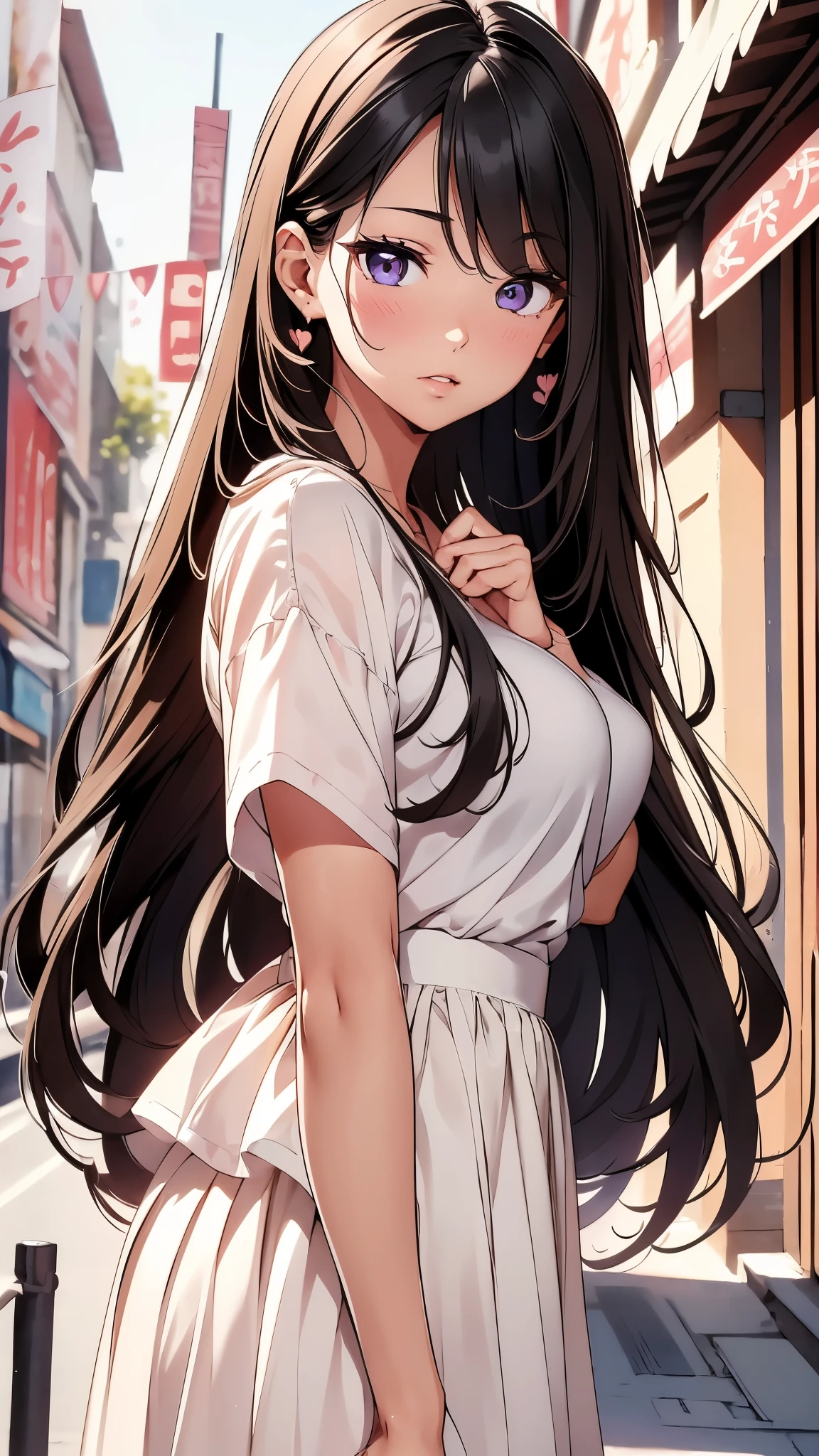 1 lady, Beautiful asian lady, Long straight hair, beautiful face, detailed face, delicate eyes, detailed pupil, beautiful and delicate lips, white camisole long skirt, Simple and stylish, hand drawn animation, high detailed, outdoor, blush, shy, heart, in love, symmetrical clothes, best quality, masterpiece, retina