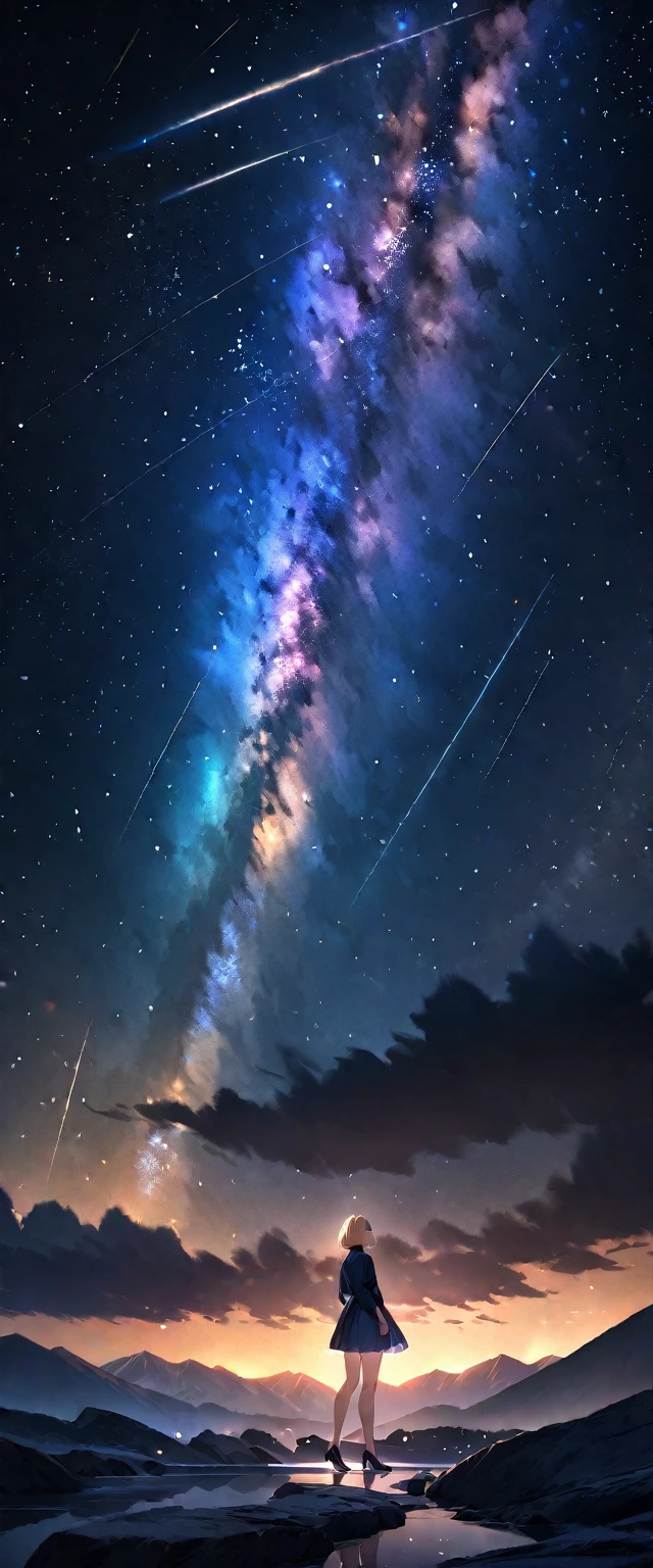 (((A meteor shower dancing in the night sky, countless stars twinkling in the clear air, a beautiful starry sky, the Milky Way shining beautifully in the night))), mountain, wide shot, a girl, bobcut, bare legs, blond hair, (best quality, 4K, 8K, highres, masterpiece:1.2, ultra-detailed, HDR, uhd, studio lighting, ultra-fine painting, sharp focus, physically-based rendering, extreme detail description, professional, vivid colors, bokeh)