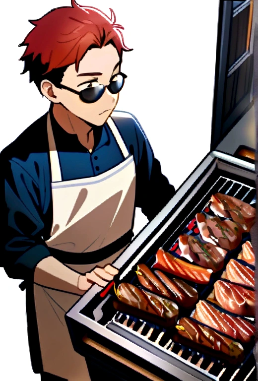A young man with red hair and gray sunglasses, wearing an apron, yakiniku, no background