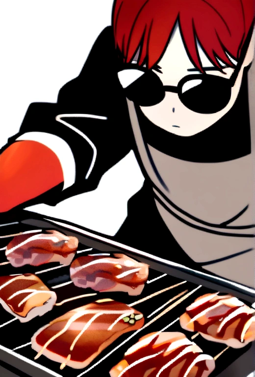 A young man with red hair and gray sunglasses, wearing an apron, yakiniku, no background