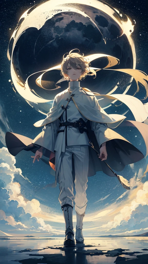 Create a serene, nocturnal landscape where billowing clouds fill the sky. The scene is illuminated by countless stars, and a boy stands beside his faithful dog, gazing up at a luminous, full moon. The soft, dreamy atmosphere captures a sense of wonder and companionship under the vast night sky.