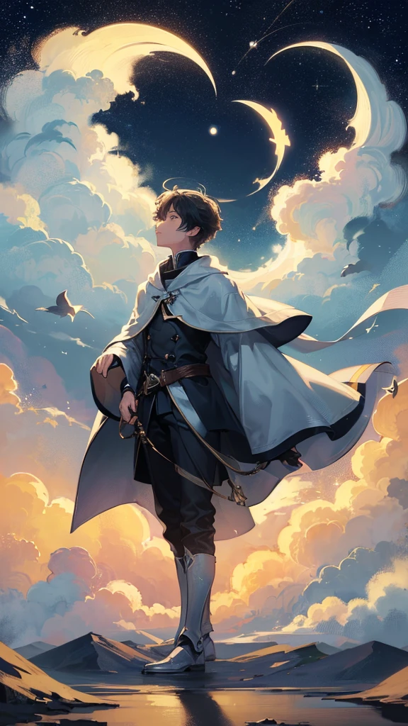 Create a serene, nocturnal landscape where billowing clouds fill the sky. The scene is illuminated by countless stars, and a boy stands beside his faithful dog, gazing up at a luminous, full moon. The soft, dreamy atmosphere captures a sense of wonder and companionship under the vast night sky.
