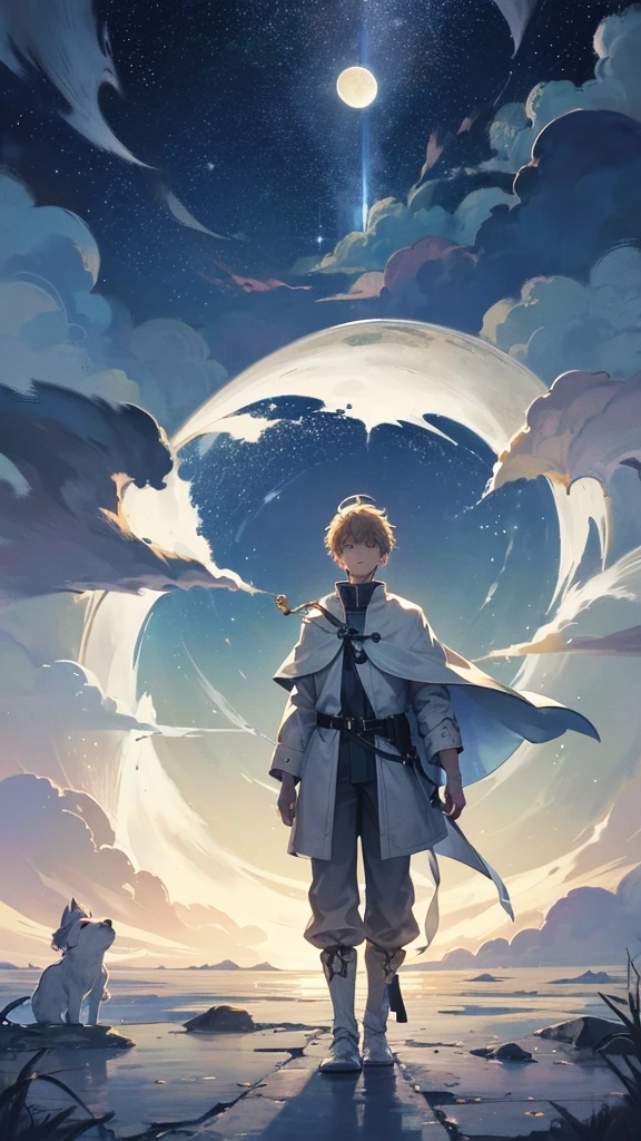 Create a serene, nocturnal landscape where billowing clouds fill the sky. The scene is illuminated by countless stars, and a boy stands beside his faithful dog, gazing up at a luminous, full moon. The soft, dreamy atmosphere captures a sense of wonder and companionship under the vast night sky.