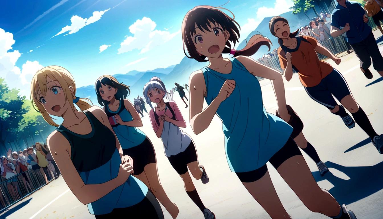 score 9, source anime, wide shot, multiple girls, Women marathoners running on the road while the roadside is packed with spectators, dynamic angle, perfect face, playful expression, low ponytail, sweat, outdoor, blue sky, shiny day, dramatic lighting, cinematic, best quality, 8k, masterpiece, ultra-detailed,
