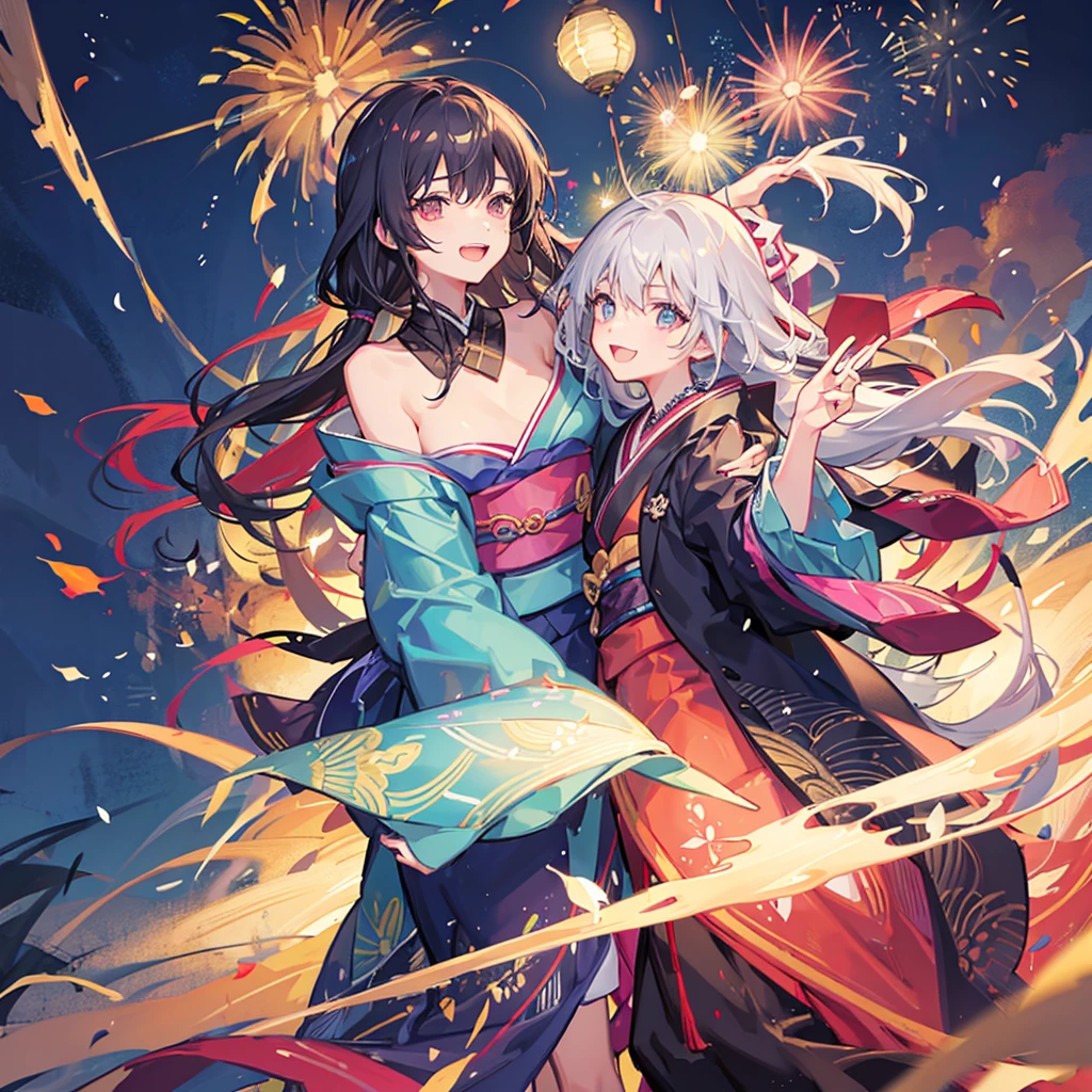 Couple,(Boy 1:Girl 1)Lovely,smile,Fleeting,romantic,atmosphere,landscape,firework,Night Sky,summerfestival,turn around,Girl is wearing a kimono,Hand in hand,Night Skyに美しいfirework,たくさんのfirework,綺麗なNight Sky,summer,festival,Young people,Throb