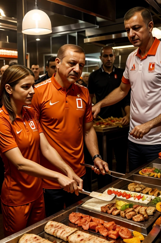 Turkish president in the current orange jersey of the Dutch national team cutting meat at a kebab grill
