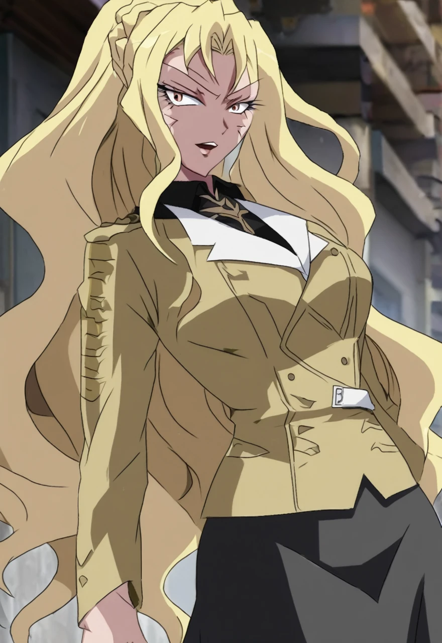 Make a old evil military blonde anime woman in a dark skirt suit