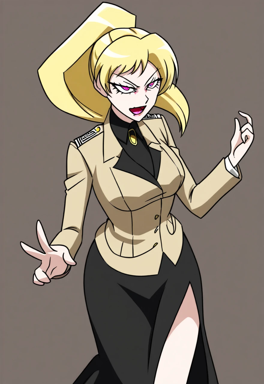 Make a old evil military blonde anime woman in a dark skirt suit