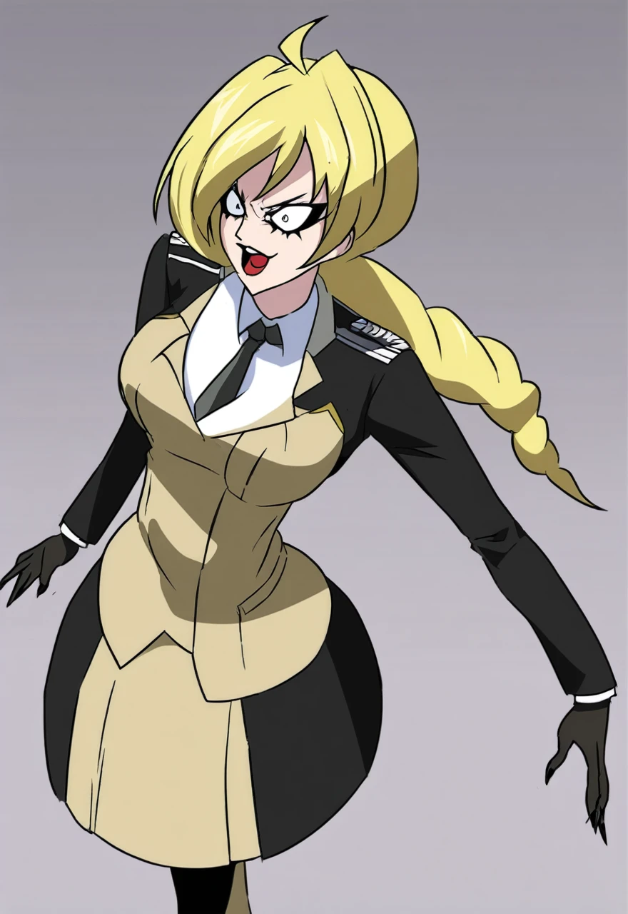 Make a old evil military blonde anime woman in a dark skirt suit