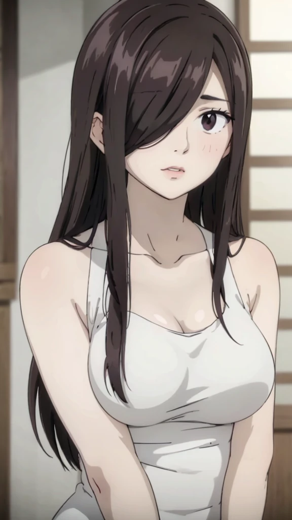 Cute mature women,realistic skin,realistic breast, saggy breast, nipple out,muted colours, cold lighting, pale white skin, mature women,black hair, long hair, (hair over one eye:1.4), Messy hair,straight hair,hair between eyes ,sleepy eyes ,beautiful,pucker lips,charm,pubic hair pussy,dense pubic hair, cute shy blush on 