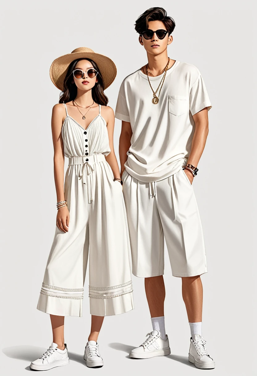 candid fashion illustration of young Asian man and woman, both aged 20 year old, ((showcase fashion look book in a White rayon outfits)), inspired by Zara's resort collection 2020 in elegant young bohemian style. The man wears an oversized short-sleeved bowling white shirt with a pocket details, paired with relaxed-fit white Sports Wide Leg Shorts Baggy short and Drawstring, He completes his look with white sneakers, sunglasses and bracelet. The woman complements him in a white Ankle-length dress, Calf-length, sleeveless dress in woven fabric featuring a round, frill-trimmed neckline and a keyhole opening with a button at the back of the neck. Smocked sections at the top and waist creating gathers. , Her ensemble includes an accessorizes with a wide-brimmed straw hat, white sneakers and necklace. Captured in a low angle, ((full-body image)), ((blank background)), sketching, realistic charcoal lines, imperfect drawing, fading sketch, fashion look book, fashion illustrator, sketch design,