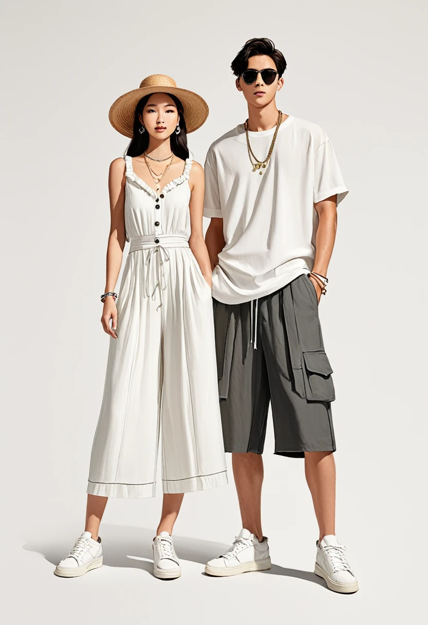 candid fashion illustration of young Asian man and woman, both aged 20 year old, ((showcase fashion look book in a White rayon outfits)), inspired by Zara's resort collection 2020 in elegant young bohemian style. The man wears an oversized short-sleeved bowling white shirt with a pocket details, paired with relaxed-fit white Sports Wide Leg Shorts Baggy short and Drawstring, He completes his look with white sneakers, sunglasses and bracelet. The woman complements him in a white Ankle-length dress, Calf-length, sleeveless dress in woven fabric featuring a round, frill-trimmed neckline and a keyhole opening with a button at the back of the neck. Smocked sections at the top and waist creating gathers. , Her ensemble includes an accessorizes with a wide-brimmed straw hat, white sneakers and necklace. Captured in a low angle, ((full-body image)), ((blank background)), sketching, realistic charcoal lines, imperfect drawing, fading sketch, fashion look book, fashion illustrator, sketch design,