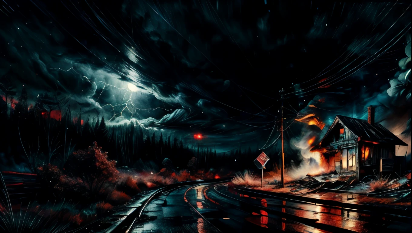 a dilapidated abandoned burning house at night, rain pouring down, wet roads, dark cloudy sky, smoke and dirt, atmospheric lighting, cinematic mood, dramatic shadows, gritty realism, award winning composition, hyper detailed, intricate details, photographic quality, professional photography, masterpiece, skulls on a background, thunder, tornado