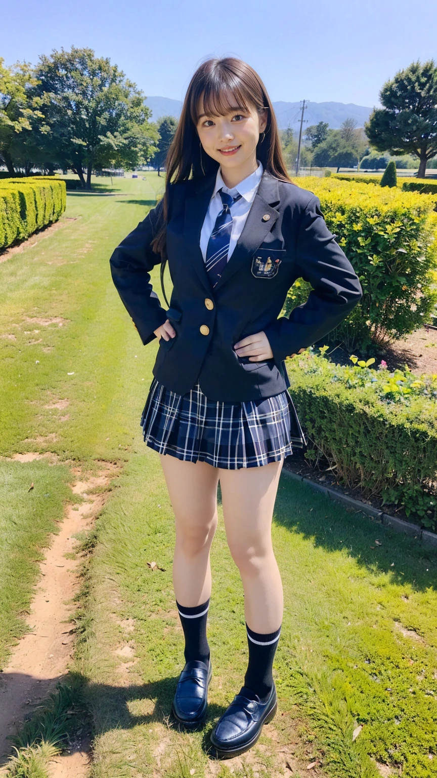 (8K、RAW Photos、Highest quality、masterpiece:1.2)、(Realistic、Realistic)、1 Girl、((Black Check Mini Skirt、High School Uniform、smile、blazer、Navy Socks、loafers、Medium Hair、garden、View from the front、Looking into the camera、Stand with hands on hips))、cute