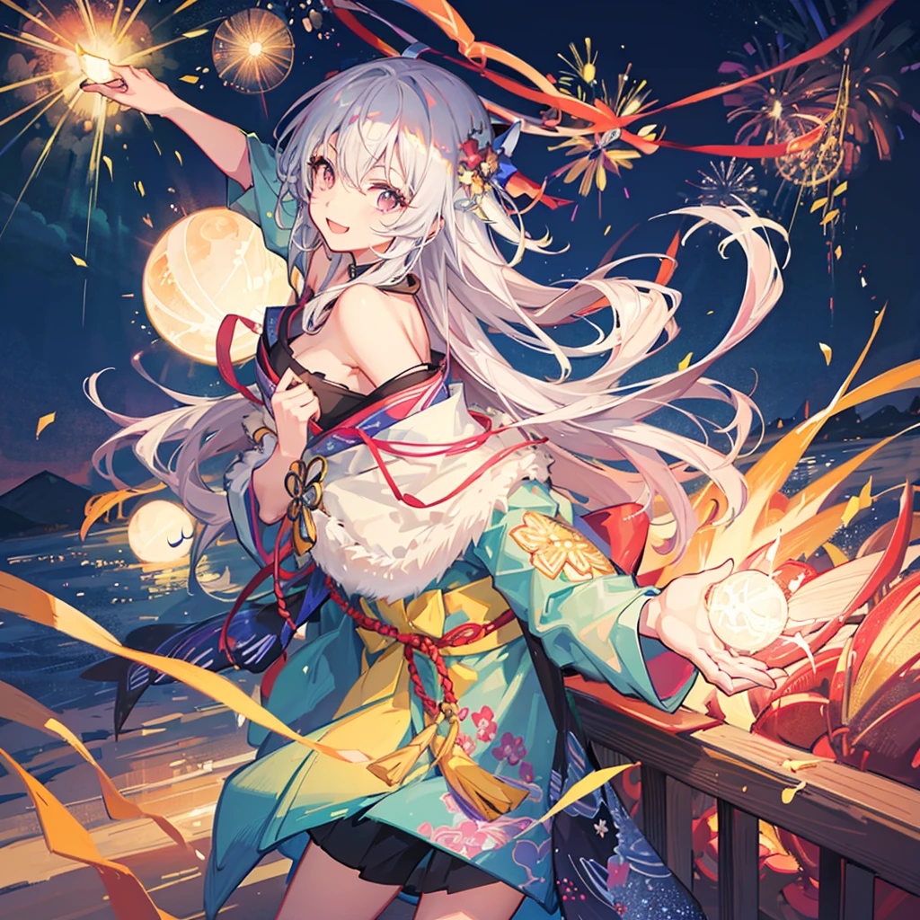 Couple,(Boy 1:Girl 1)Lovely,smile,Fleeting,romantic,atmosphere,landscape,firework,Night Sky,summerfestival,turn around,Girl is wearing a kimono,Hand in hand,Night Skyに美しいfirework,たくさんのfirework,綺麗なNight Sky,summer,festival,Young people,Throb