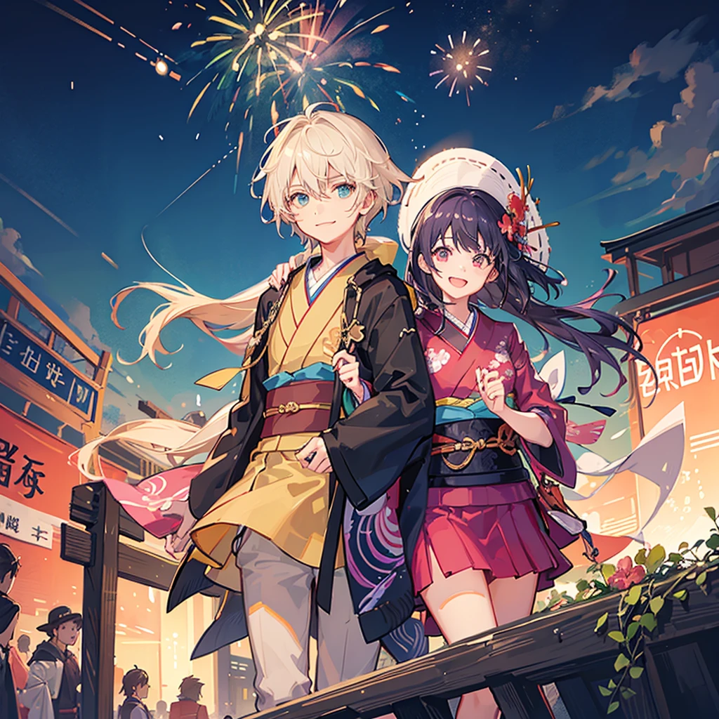 Couple,(Boy 1:Girl 1)Lovely,smile,Fleeting,romantic,atmosphere,landscape,firework,Night Sky,summerfestival,turn around,Girl is wearing a kimono,Hand in hand,Night Skyに美しいfirework,たくさんのfirework,綺麗なNight Sky,summer,festival,Young people,Throb