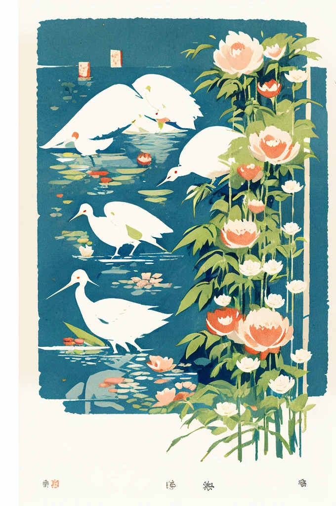 Illustration: simple woodblock printing style , Pair of cranes, peony flowers