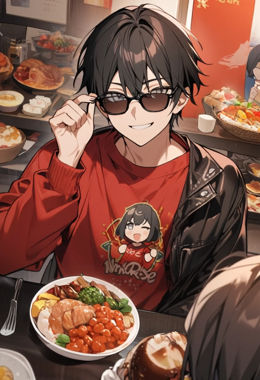 1 young boy, Bblack hair, gray eyes, black leather sweatshirt, Red shirt, sunglasses,he holding the tip of his glasses, corner smile, tilted face, feast