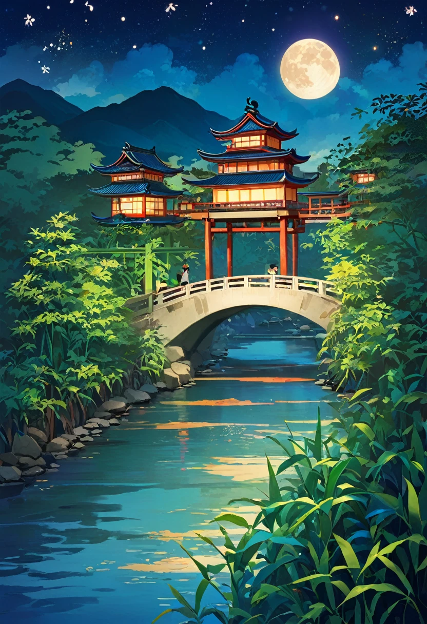 "Tanabata Night、Under the shining starry sky、Bamboos decorated with many strips of paper are swaying along the bank of a stream surrounded by bamboo forest.。Colorful wishes are written on the strips of paper.、The sound of bamboo rustling in the wind brightens up the quiet night。A small lantern floats on the river、A faint light reflects on the water。In the background、Distant Mountain々And the full moon appeared、It creates a romantic atmosphere。"