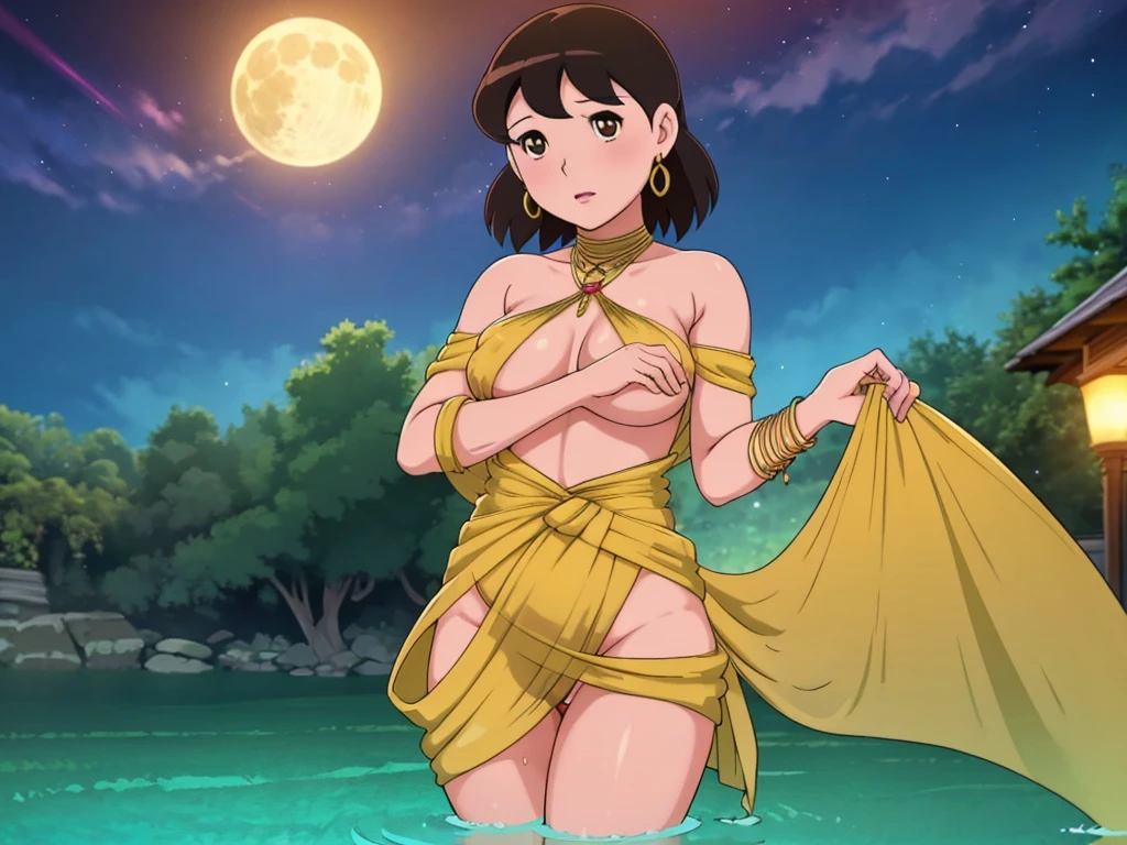 Gemma Arterton as radha, beautiful gopi woman, swimming in a river, front view, gold armbands and bindi, large breasts, nude pussy visible, ornate dupatta in hand, submerged in the ganga river, full moon in background, full body view, moonlit night, photorealistic, 4k image