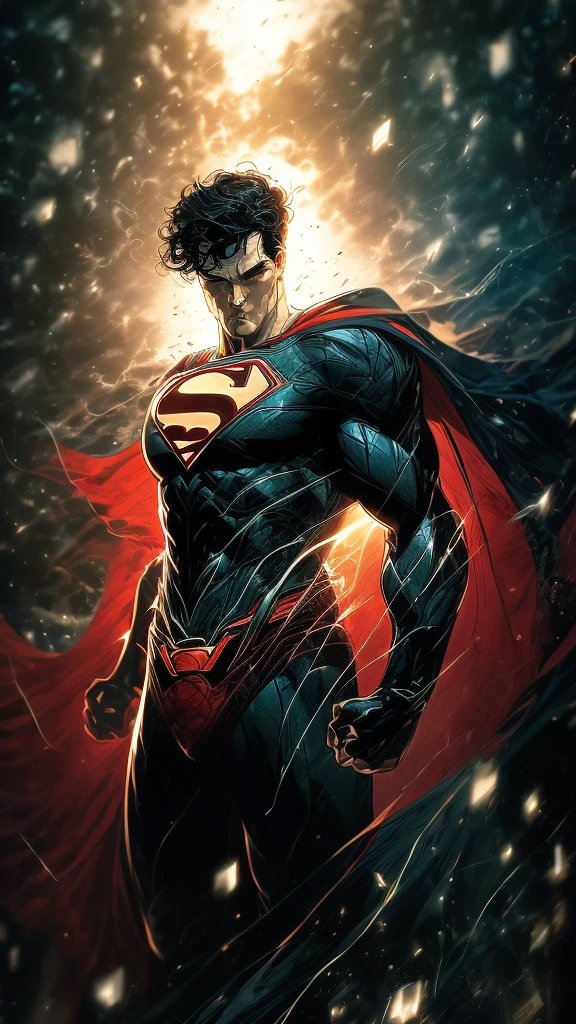 Superman wearing a black suit from synder cut fighting in style, ethereal wind armor, in the style of mdrnkz3