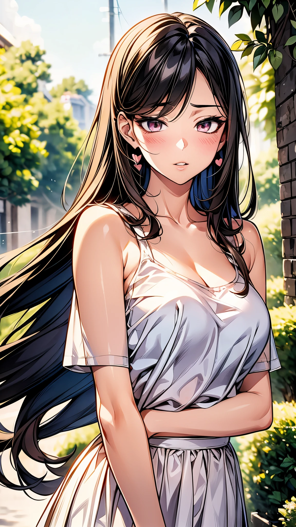 1 lady, Beautiful asian lady, Long straight hair, beautiful face, detailed face, delicate eyes, detailed pupil, beautiful and delicate lips, white camisole long skirt, Simple and stylish, hand drawn animation, high detailed, outdoor, blush, shy, heart, in love, symmetrical clothes, best quality, masterpiece, retina