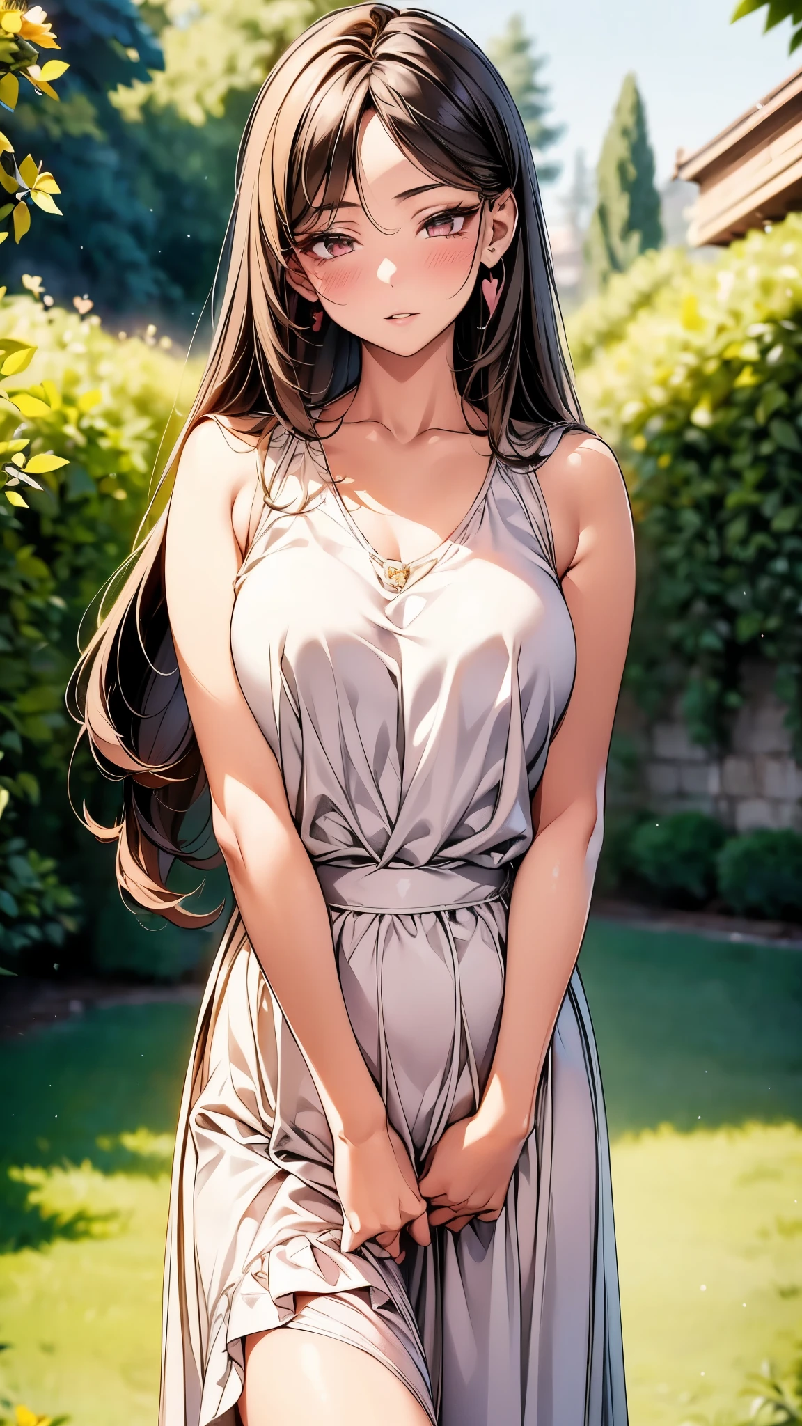 1 lady, Beautiful asian lady, Long straight hair, beautiful face, detailed face, delicate eyes, detailed pupil, beautiful and delicate lips, white camisole long skirt, Simple and stylish, hand drawn animation, high detailed, outdoor, blush, shy, heart, in love, symmetrical clothes, best quality, masterpiece, retina