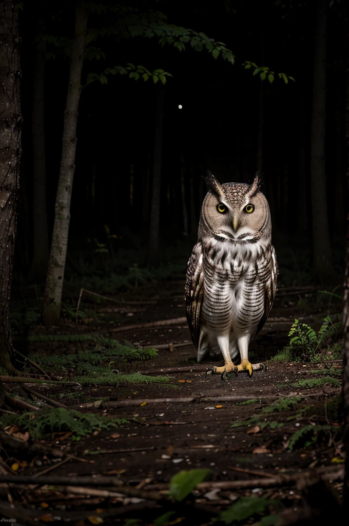 AN OWL IN THE MIDDLE OF THE FOREST ON A NIGHT STALKING FOR A MOUSE THE OWL IS VERY FAR BUT IT IS AT NIGHT